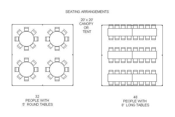 20x20 Tent Seating Chart for 32 and 48.
